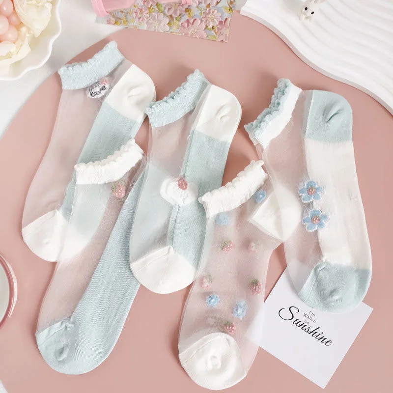 5/10 Pairs Women Floral Patterned Lace Edge Socks Summer Thin Breathable Comfortable Cute Flower Edge Transparent Casual Socks