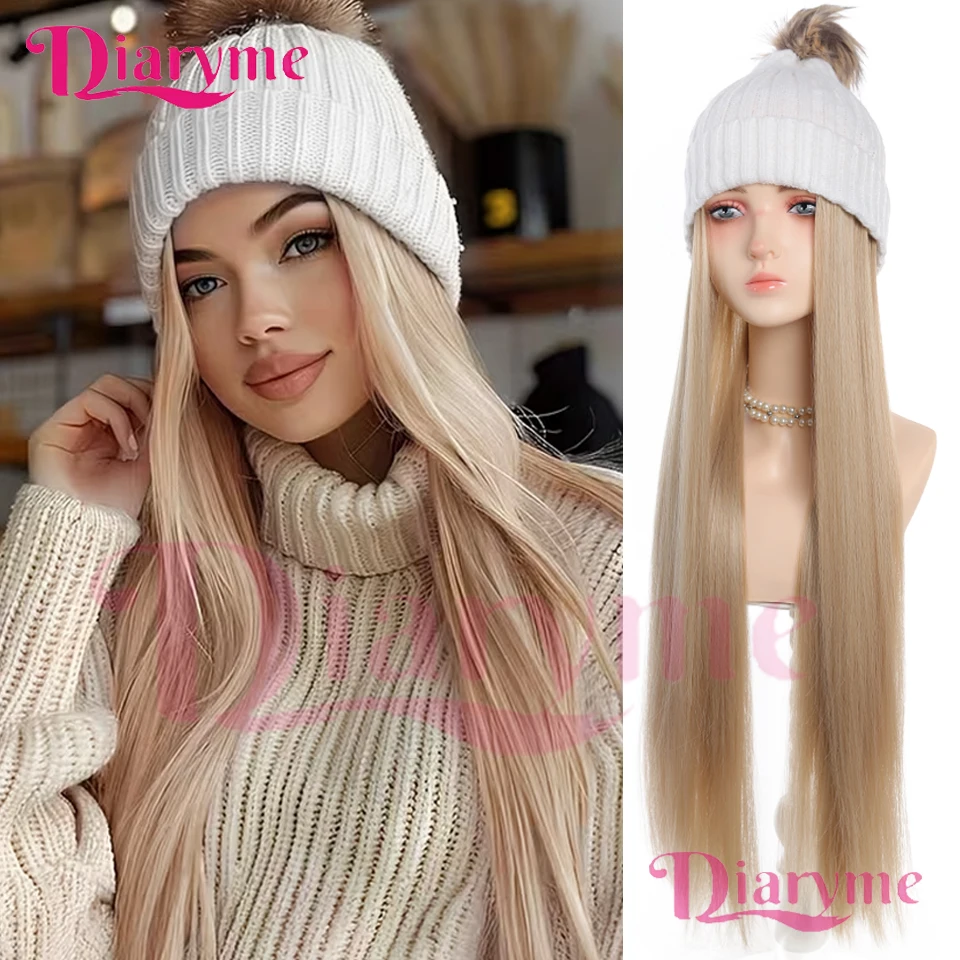 

Синтетическая шапка, парик, вязаная шапка с помпоном и длинными прямыми волосами, подходит для женщин, осень-зима, повседневное использование