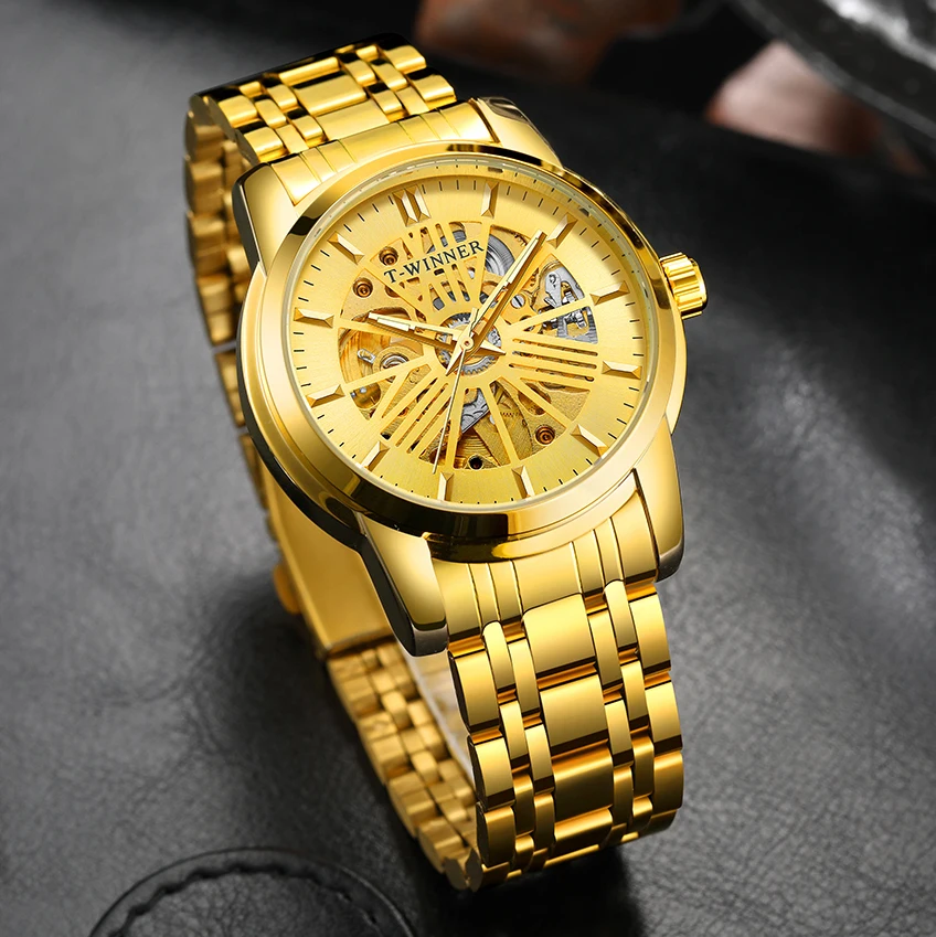 

Winner Automatic Watch Men Gold Dial Tourbillon Skeleton Mechanical Wristwatches Luminous Military Tourbillon Montre Homme