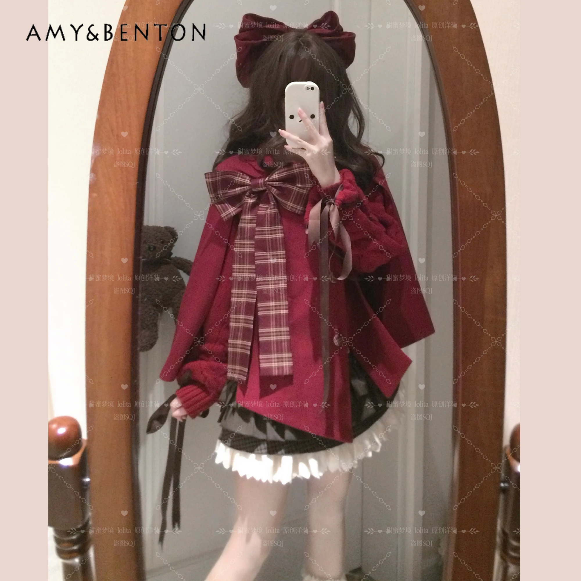 عيد الميلاد الأحمر كيب الخريف الشتاء جو الصوف لوليتا القوس الكبير الحلو فتاة دمية طوق واحدة الصدر كيب الصوف معطف المرأة #5