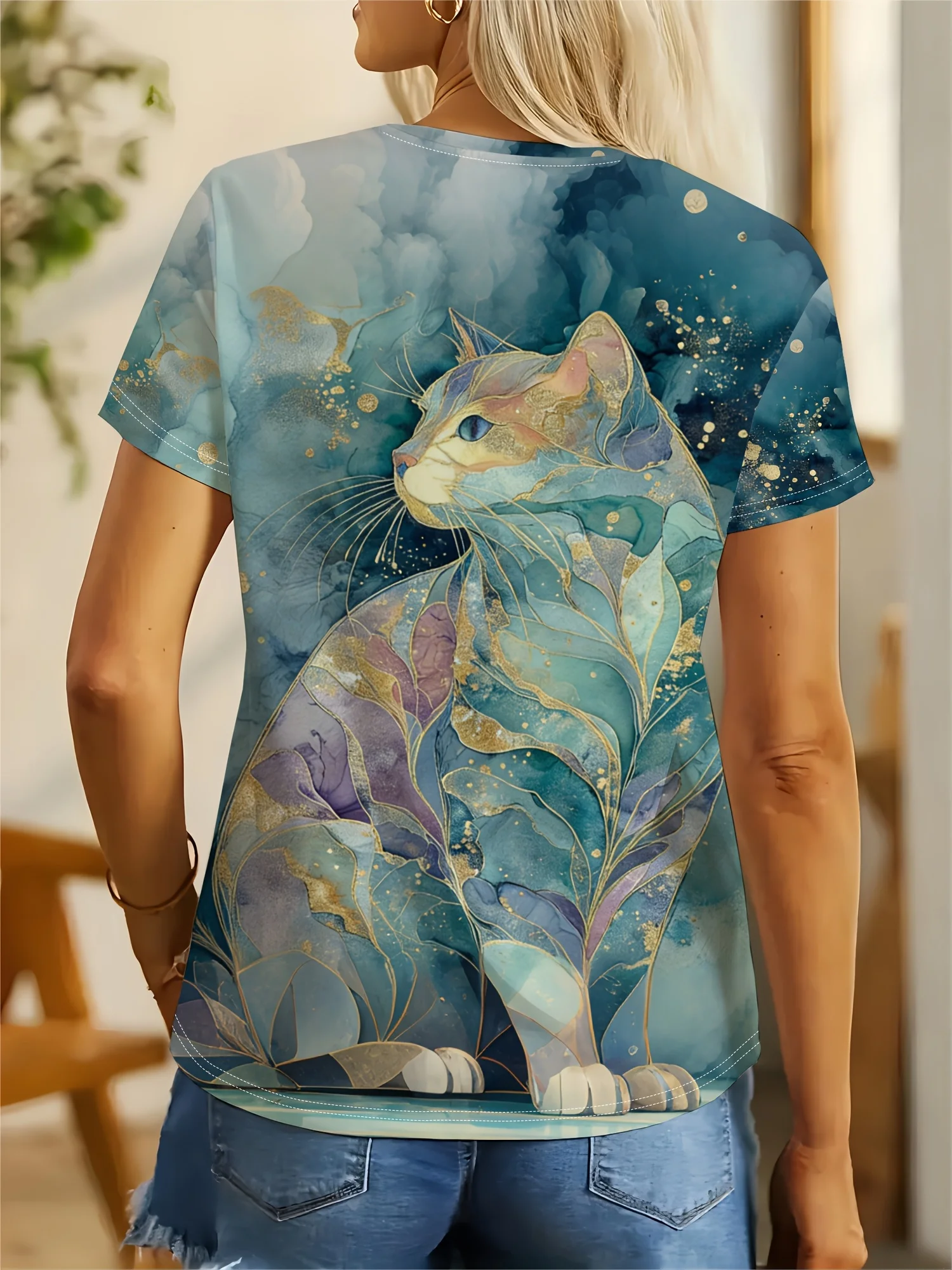 Women Crew Neck Short Sleeve T‑Shirt, Watercolor Gold Foil Leaf Cat Art Graphic Casual Tee