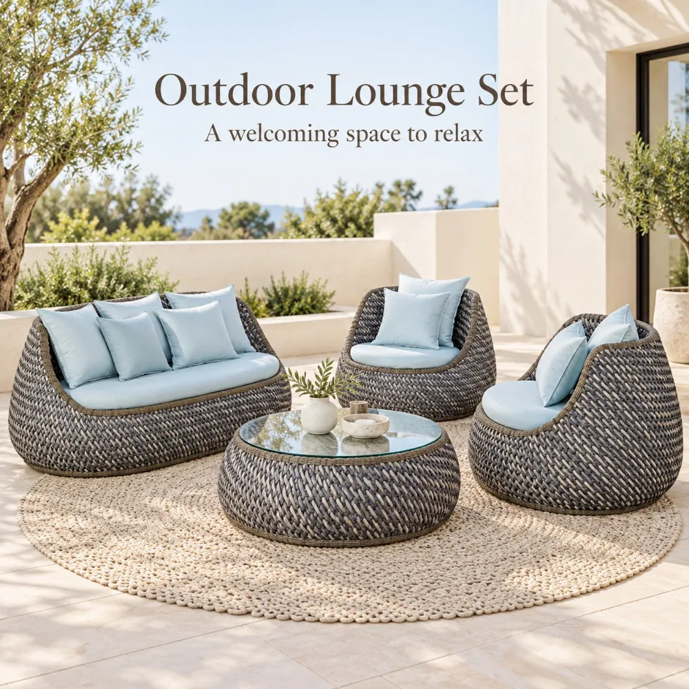 Premium Rattan Garden Sofa Furniture Set, Simple Nordic Patio Sofa & Coffee Table for Outdoor Courtyard Living Space