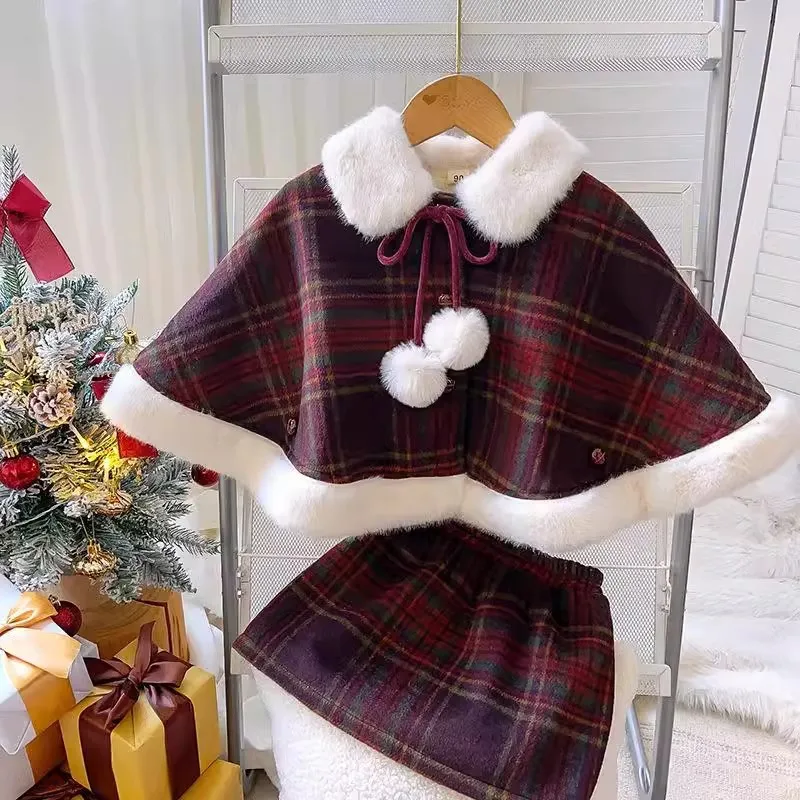 Girls Pom-Pom Wool Blend Cape & Skirt Set – Quilted Padded Thickened Warm Winter 2-Piece Outfit for Toddlers Kids
