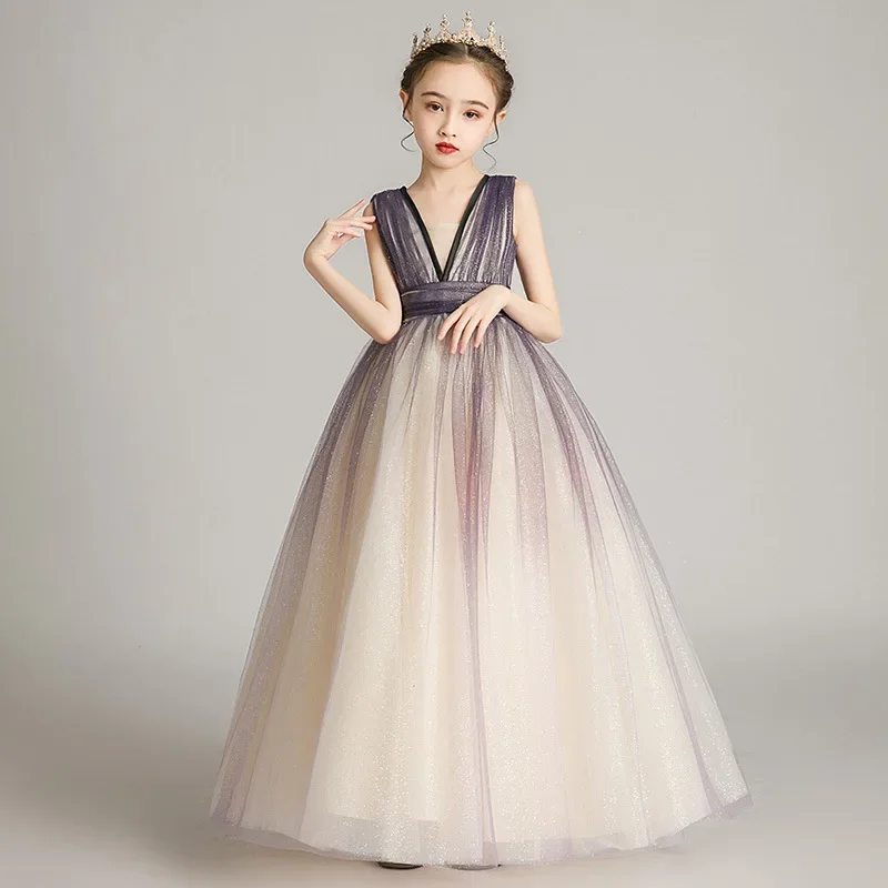 2024 Fashion Luxury Children Girls Sleeveless Evening Party Holiday Ceremony Princess Mesh Dress Kid Teens Piano Host Prom Dress