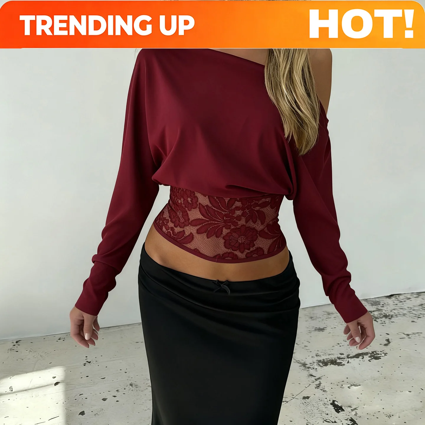 SUCHCUTE Elegant Off-Shoulder Lace-Trimmed Waist-Defining Top Retro Streetwear Solid Long-Sleeve T-Shirt For Women Spring-Summer