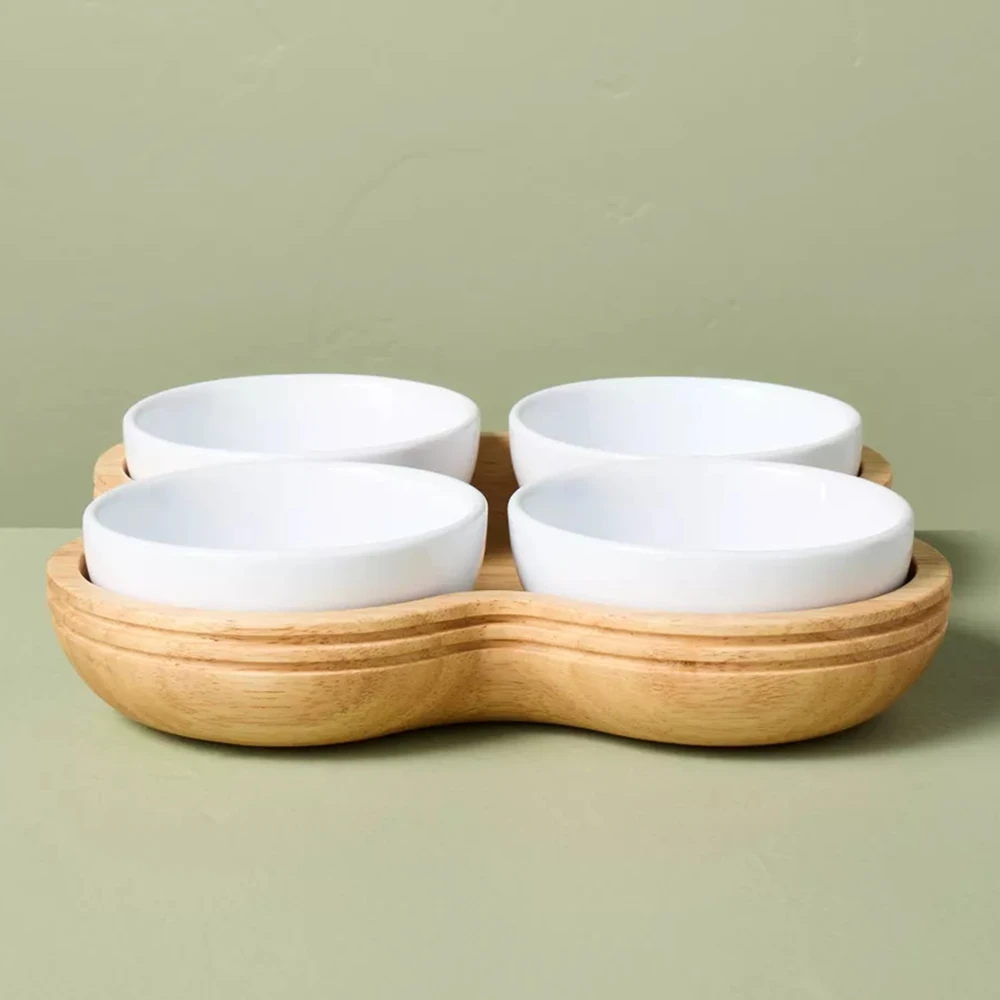 

5pcs Wood Serving Tray with Ceramic Bowl Inserts,Wooden Tray for Party Kitchen Decor,Decorative Counter Tray for Snack,Dip,Candy