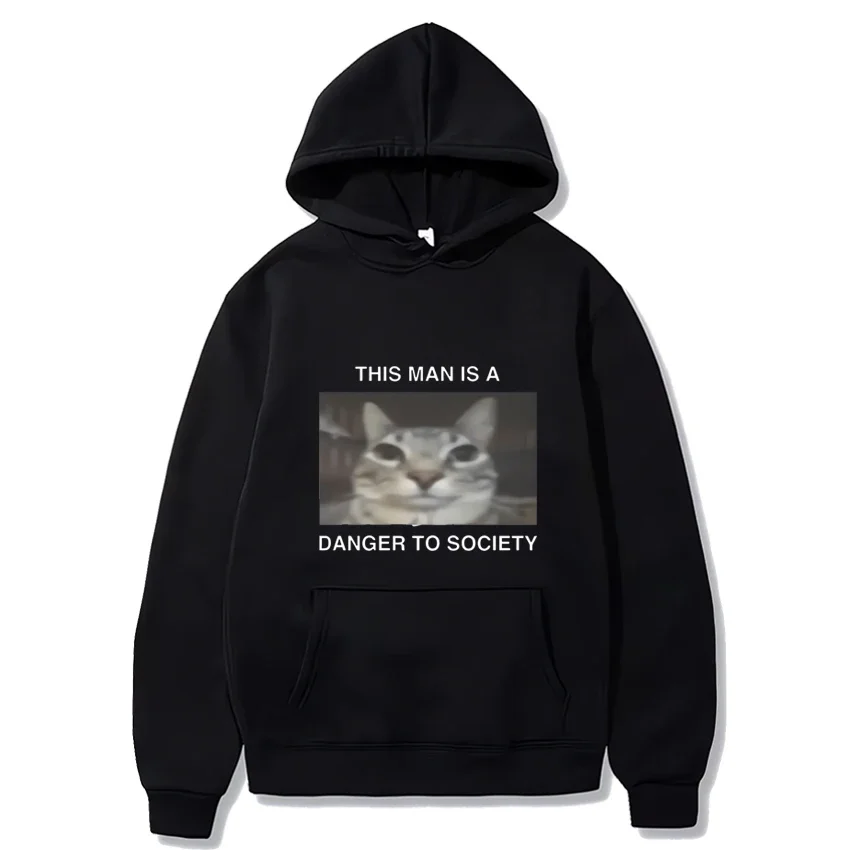 

Funny Cat Fashion Hoodie Men Women Man Is A Danger To Society Kitty Mugshot Joke Graphics sweatshirts Oversized Fleece Pullover