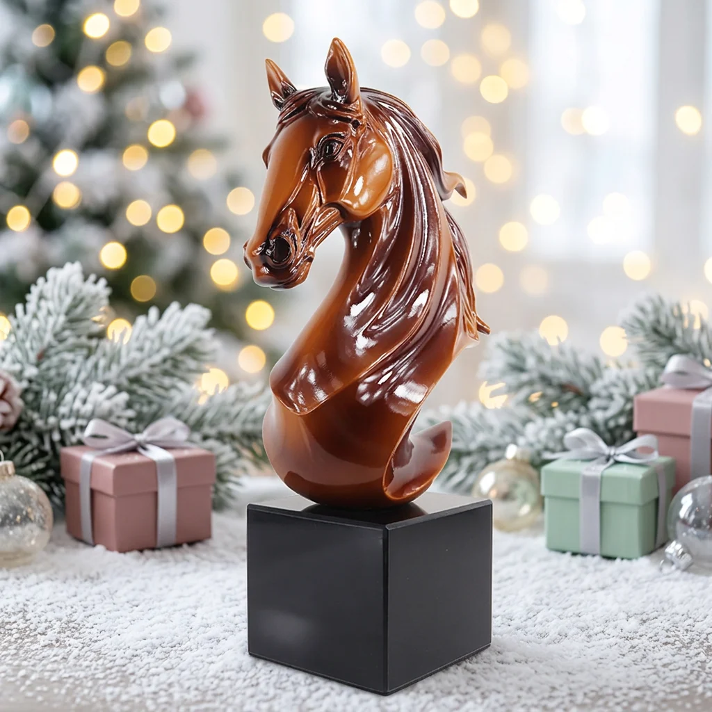 Brown Resin Horse Head Sculpture With Marble Base White Gloss Craft Ornament For Home/Office Decor Corporate Factory Direct