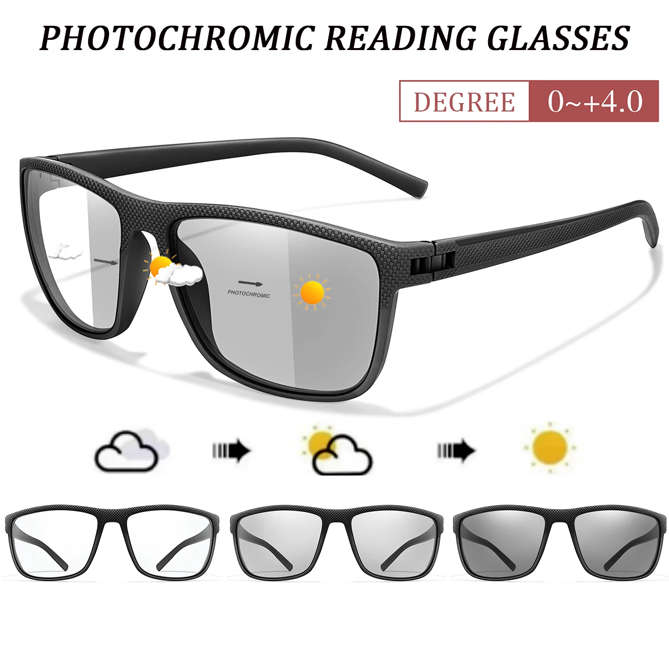 Rechteckige photochrome Lesebrille. Ultraleichte Presbyopie-Brille für das Surfen mittleren und älteren Menschen im täglichen Gebrauch