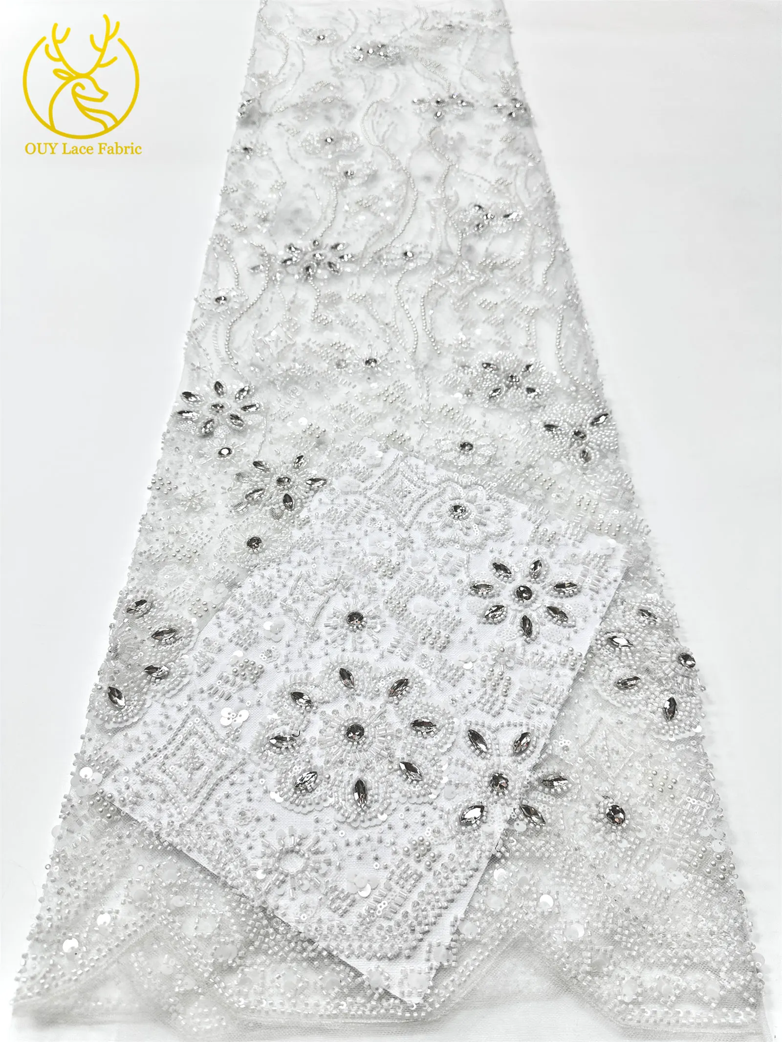 Grüner afrikanischer Stein-Perlen-Spitzenstoff 2026, hochwertiger nigerianischer französischer Tüll-Pailletten-Spitzenstoff, ideal für Brautparty-Dresse – Detail 10