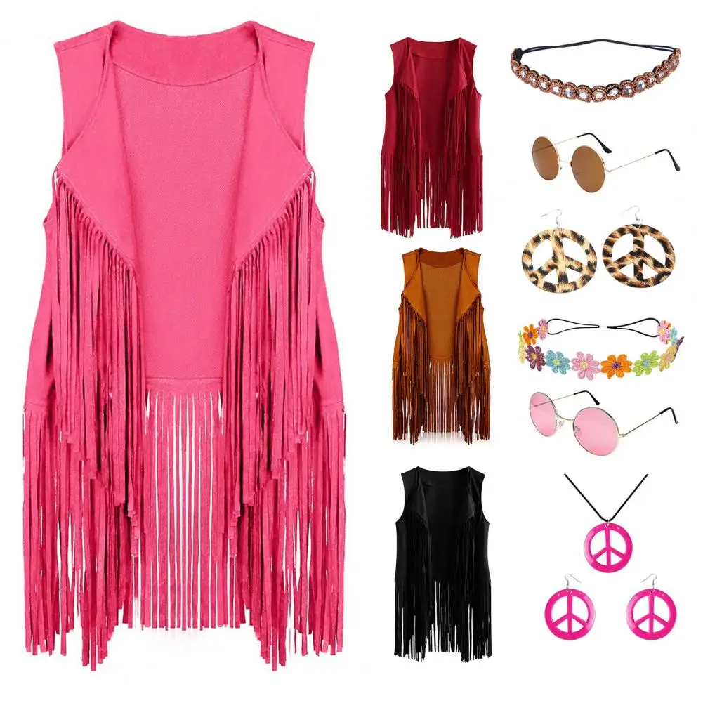 5 Pcs/Set Women Vest With Headband Sunglasses Jewelry Tassel Cardigan Waistcoat 70s Dance Party Disco Halloween Cosplay Costume