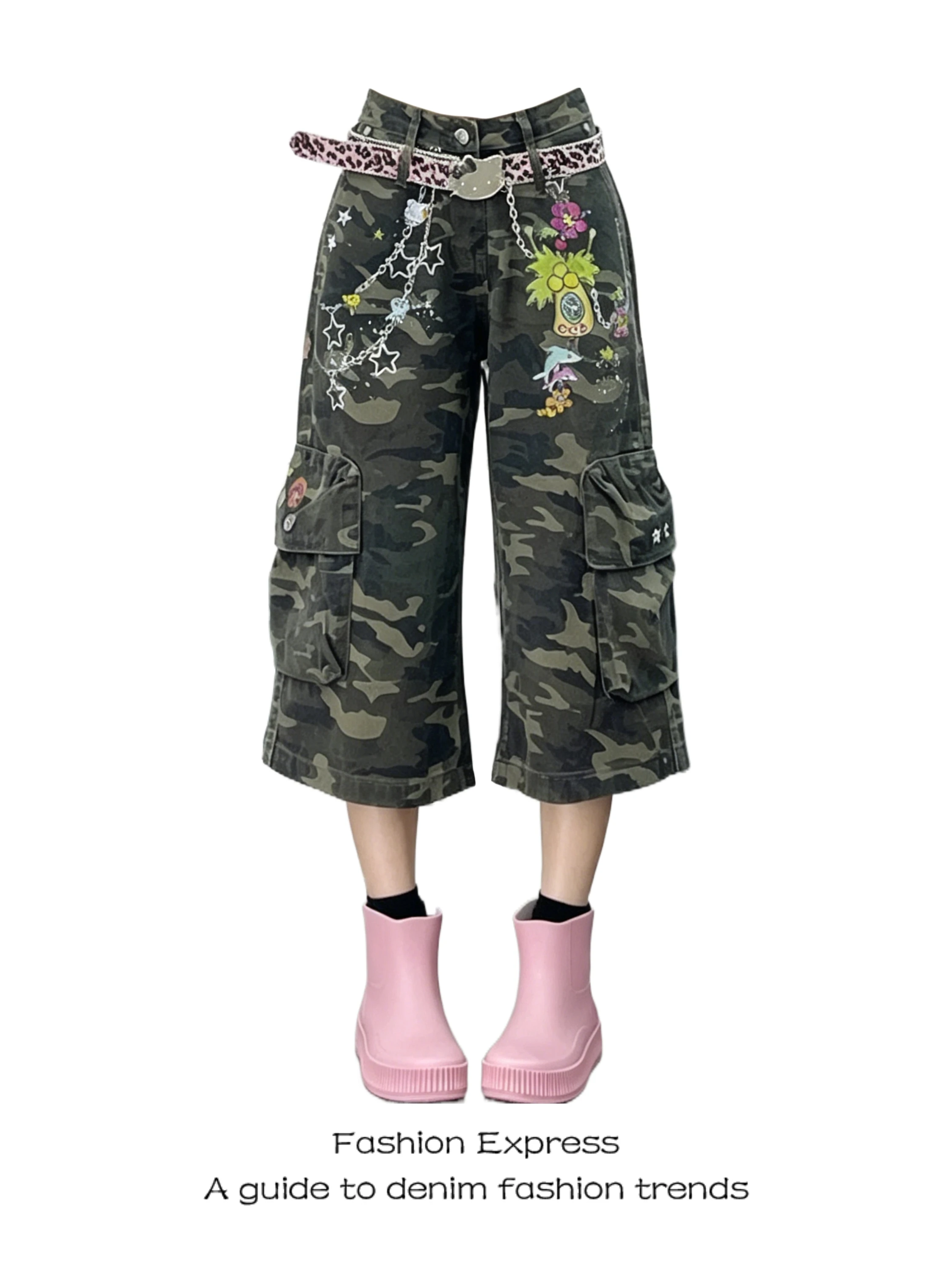 

Camouflage Wide Leg Pants Women's Summer New American Retro Big Pocket Graffiti Workwear Personality Trousers High Waist Jeans