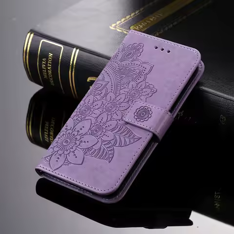 Magnetic Leather Wallet Flip Case for Samsung Galaxy S25 S24 S23 S22 S21 Ultra Plus FE | Flower &amp; Embossed Design | Premium Case