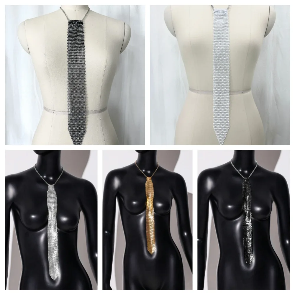 Dasi Kristal Rhinestone Sempit Berkilau, Dapat Disesuaikan, Dasi Sequin Logam Lembut, Kalung Dasi Emas Berkilau, Aksesoris Jas