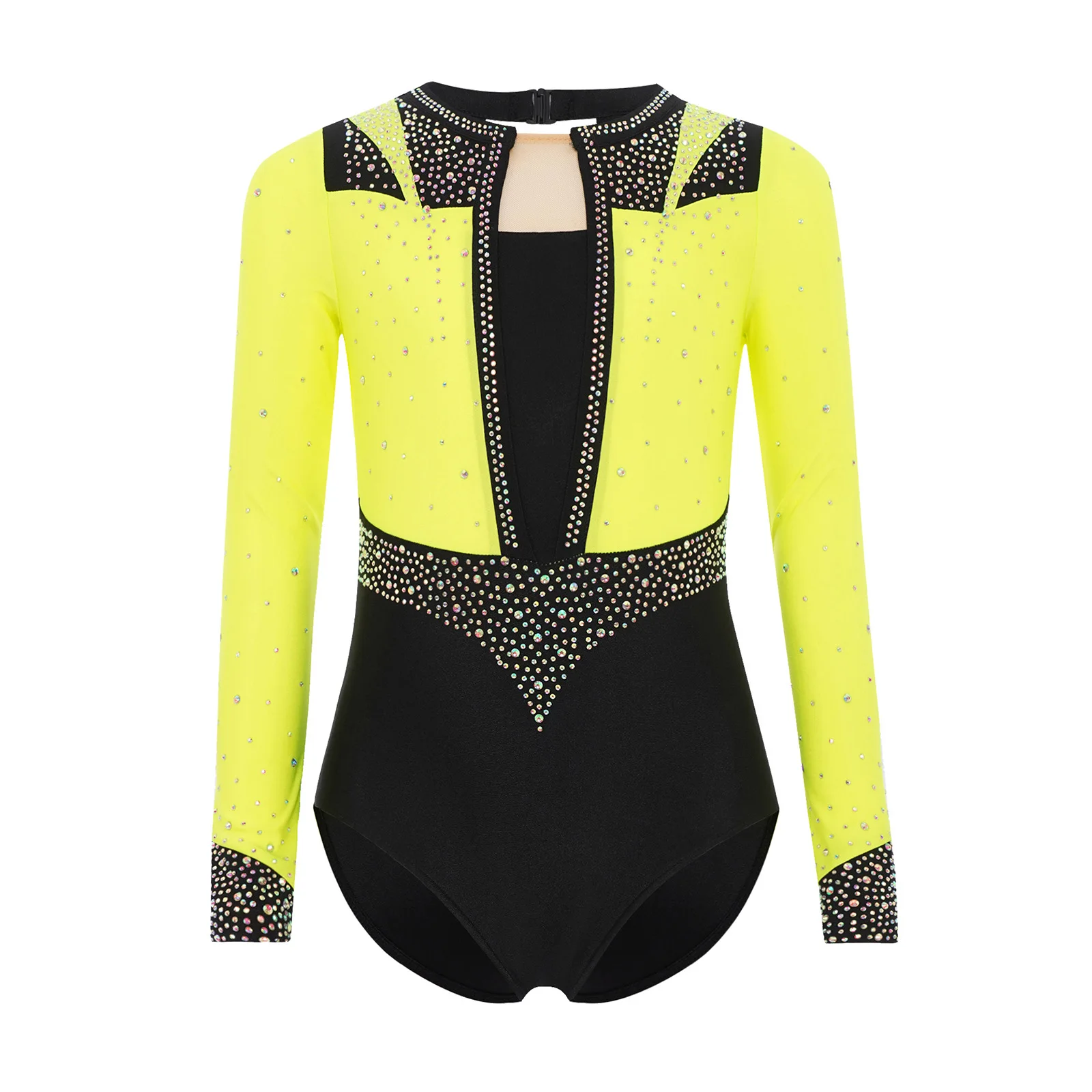 Kids Girls Color Block Gymnastics Leotard Sparkly Rhinestone Long Sleeve Keyhole Back Figure Skating Leotard Ballet Dance Wear