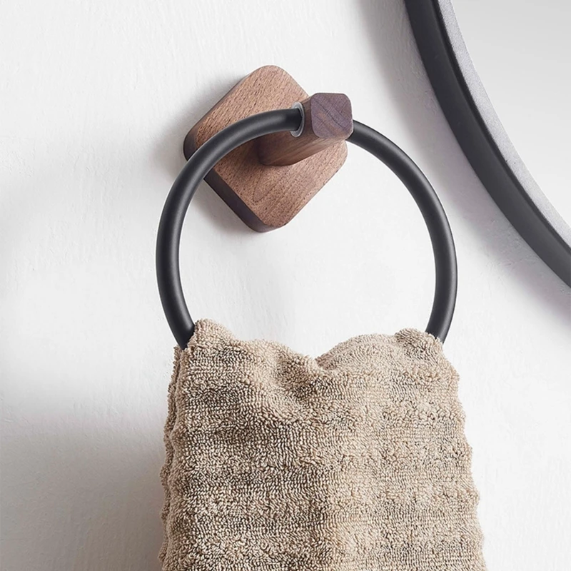 Bathroom Towel Holder Wood Towel Ring Holder Hanger Wall-Mounted Round Towel Ring Home Hotel Bathroom Accessories