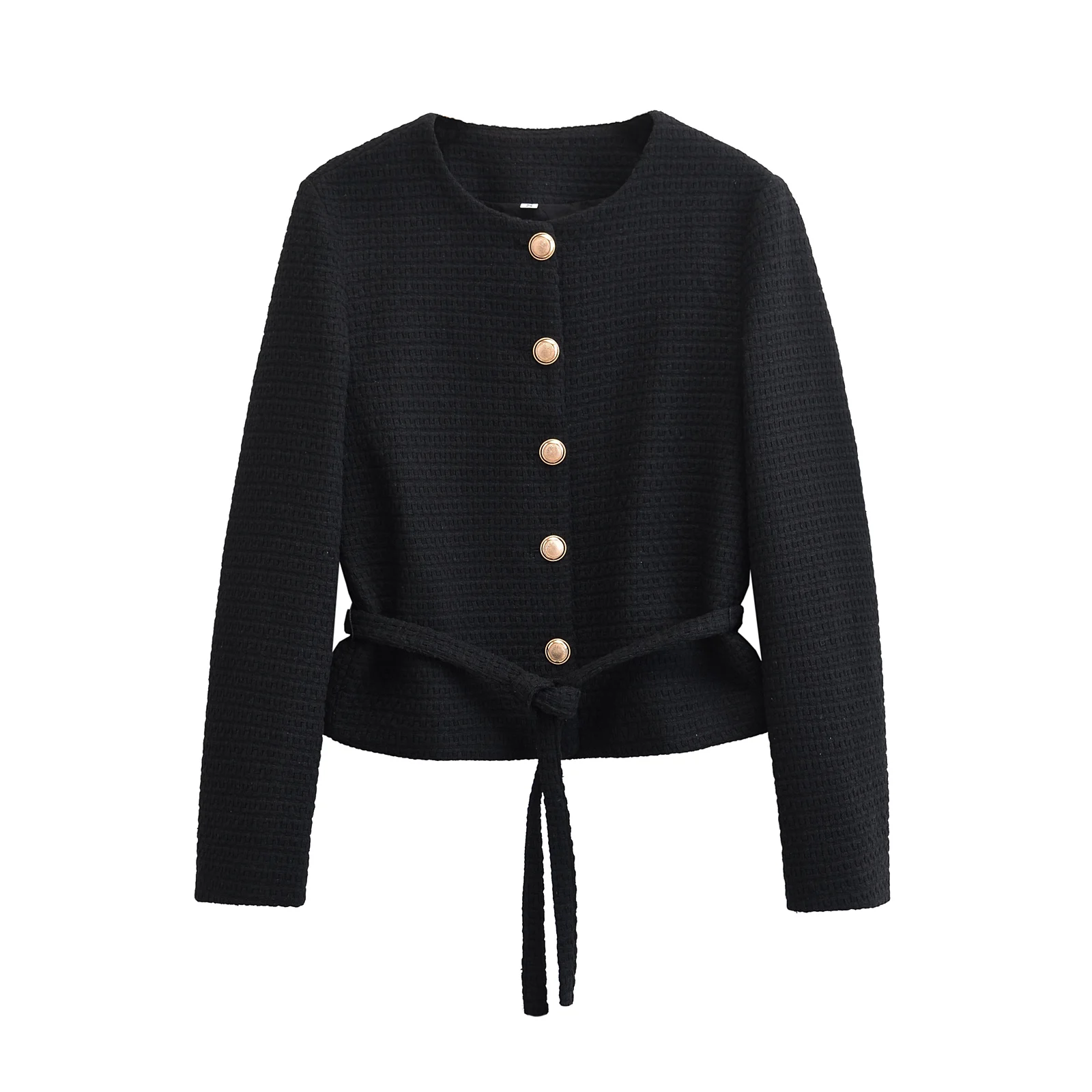 

ZAR Autumn New Faionable Women's Casual Texture Belted Suit Jaet Sli Design All-Match round Ne Polyester Fiber