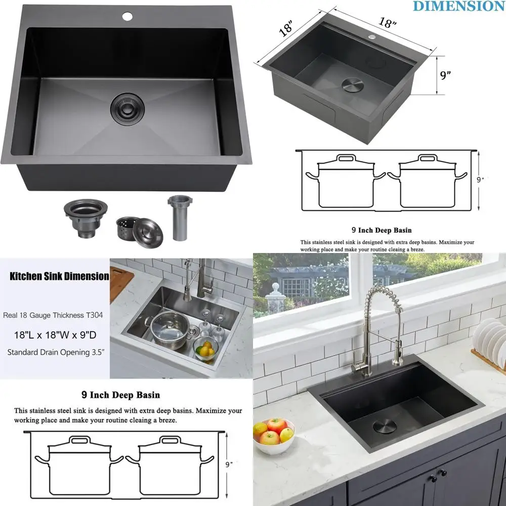 

18 Inch Drop-In Single Bowl Stainless Steel Bar Sink, 16 Gauge Kitchen Sink, Gunmetal Black Laundry Sink