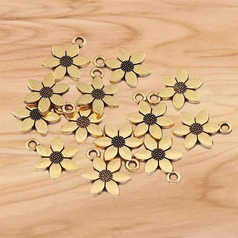 

60 Pieces Antique Gold Double Sided Plants Flower Beads Charms Pendants for Necklace Bracelet Jewelry Making Accessories 17x12mm