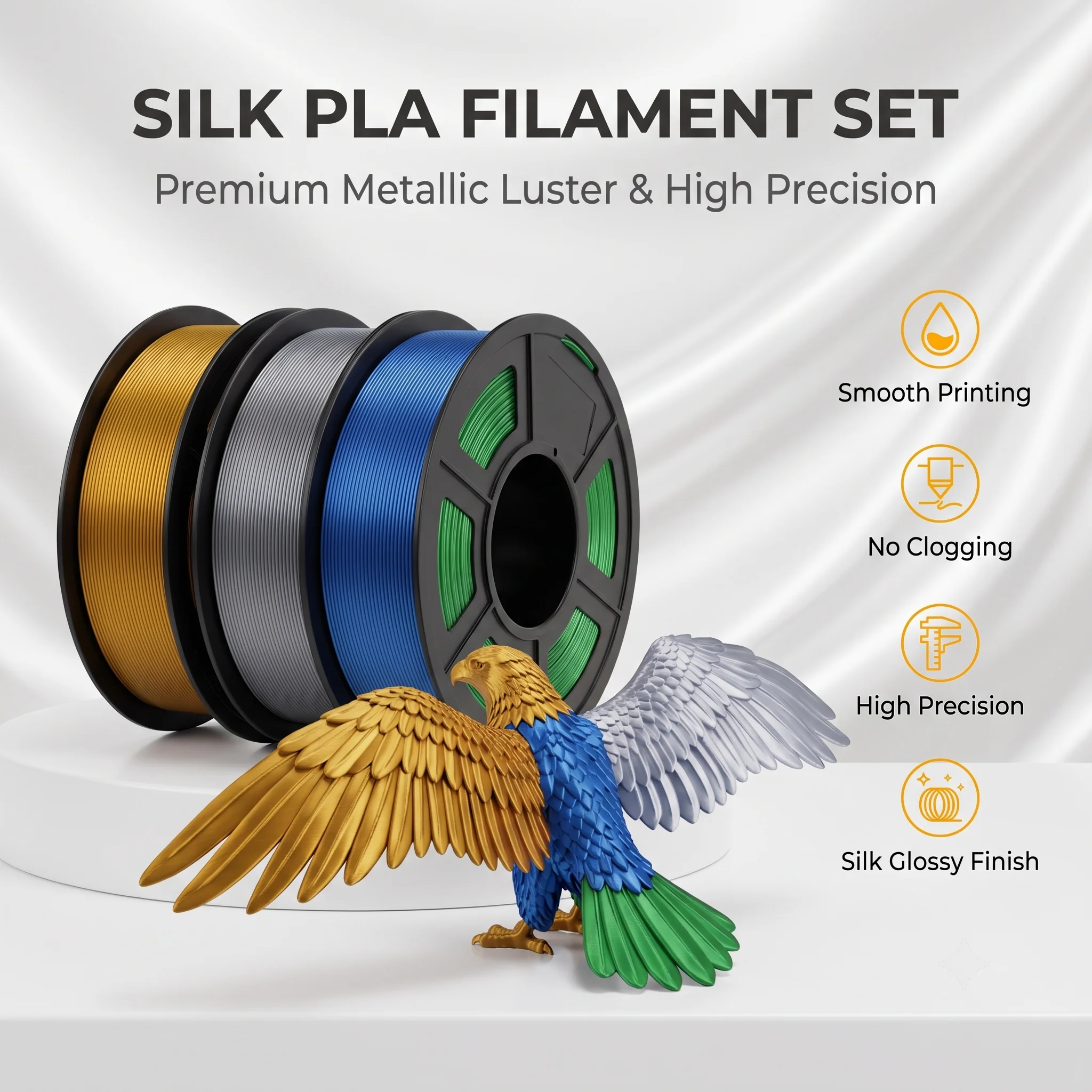 1.75mm Glossy Silk PLA 3D Filament ±0.03mm Plastic Spool 200g/250g/500g/1kg FDM Printer Silk Apple Green Silver Blue Copper Red