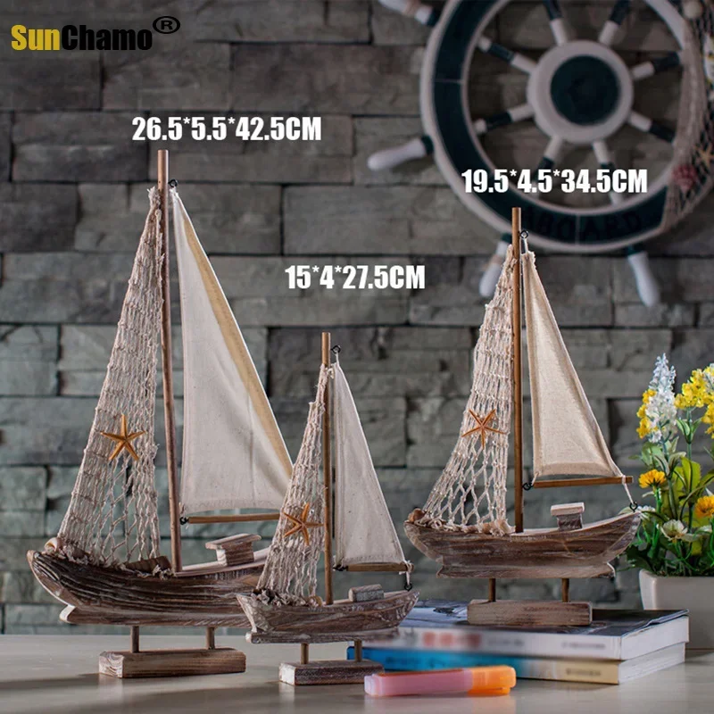 Vintage Mediterranean Style Wooden Sailboat Model Handmade Desktop Ornament Home Decoration