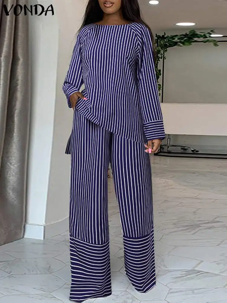 Plus Size 5XL VONDA Fashion Women Stripe Pant Sets 2024 Sexy Long Sleeve Tops and High Waist Pants Casual Loose Elegant Suit