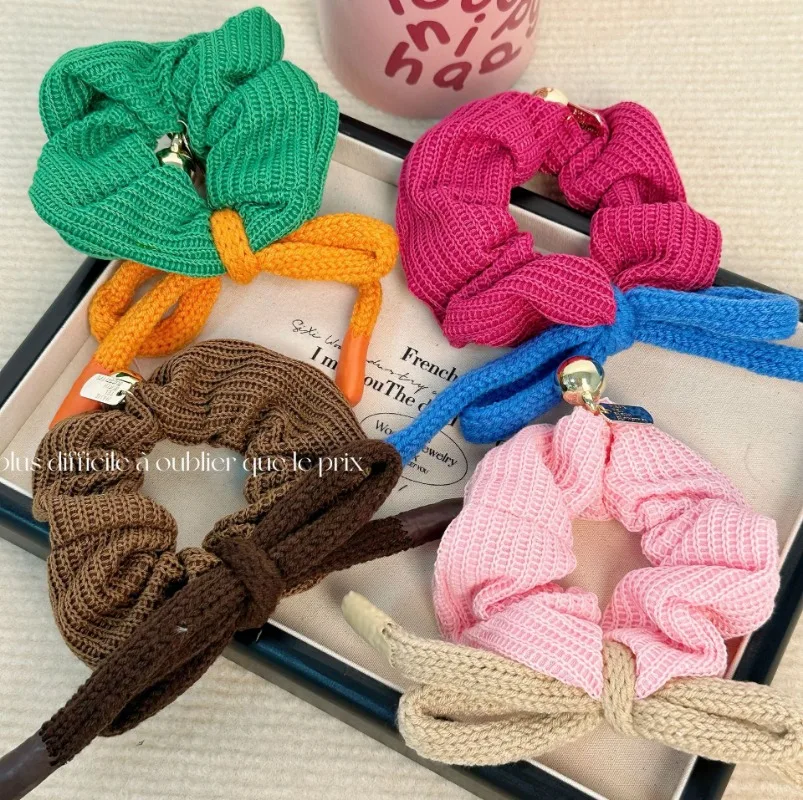 Retro Color Bow Knitted Large Intestine Hair Ring Hair Rope Winter New High Elastic Women Hair Accessories for Tying up the Hair