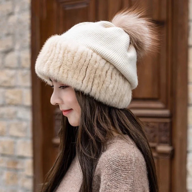 

Warm Mink Fur Knit Women Hats Real Fur Pompom Winter Wool Caps Thick Double Lined Female Brand