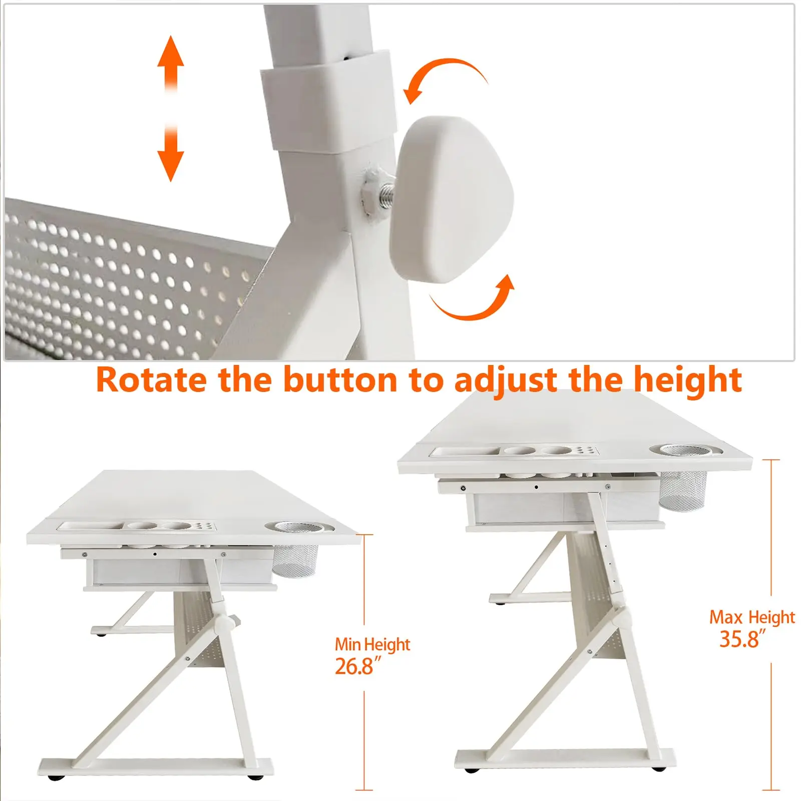 Height Adjustable Tilt White Drafting Table with 2 Storage Drawers & Stool