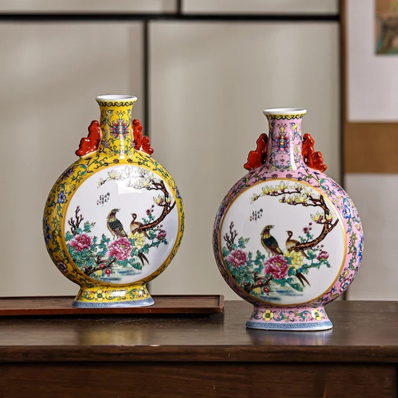 Jingdezhen Porcelain Vase Flowers and Birds Flat Bottle Pastel Colours Carved Handmade Craft Ornaments Table Home Decorations