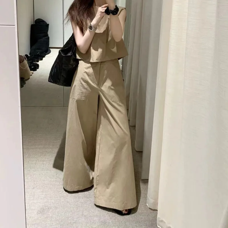 Setelan Dua Potong Wanita Musim Panas 2025 Fashion Korea: Rompi Tanpa Lengan Warna Solid dan Celana Lebar Pinggang Tinggi Pelangsing