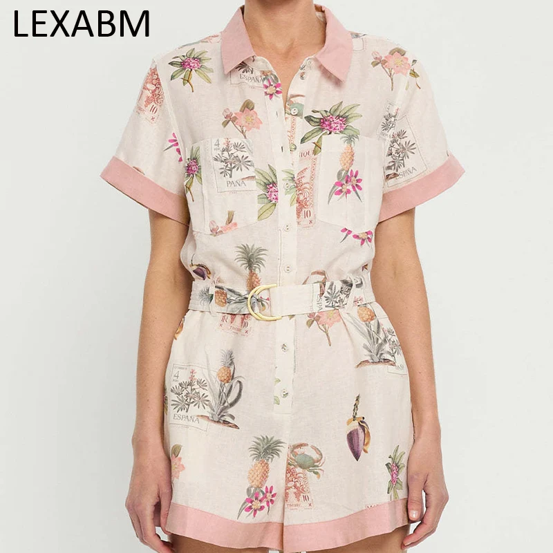 

Print Turn Down Collar Pocket Short Jumpsuit Woman Rompers Office Lady Flax Short Sleeve Jumpsuit Vestidos Streetwear 2025