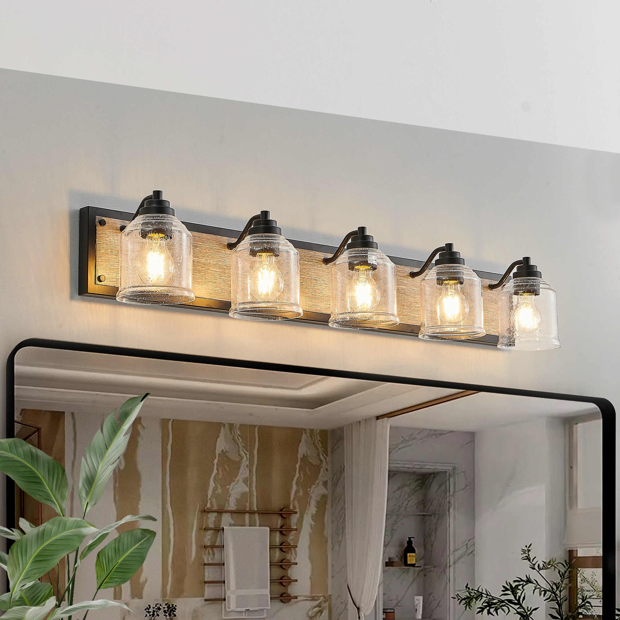 

Farmhouse Vanity Light Fixture, 5-Light Bathroom Wall Sconce withGlass Shades,Rustic Black Finish with Wood Backplate(No Bulbs)