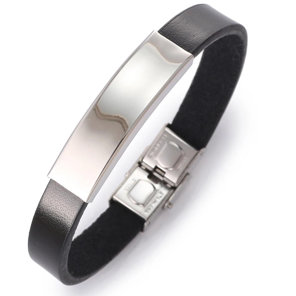 Match-Right Men\'s Leather Bracelets Metal Bracelet Cuff for Men Stainless Steel Bracelets Smooth Bangles Men\'s Wristband BR012