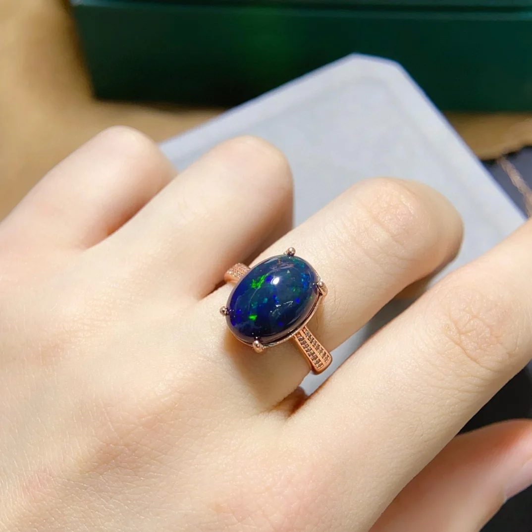 

Кольцо из розового золота S925 с натуральным черным опалом, основной камень 10x14 мм с огненным цветом, роскошные женские украшения