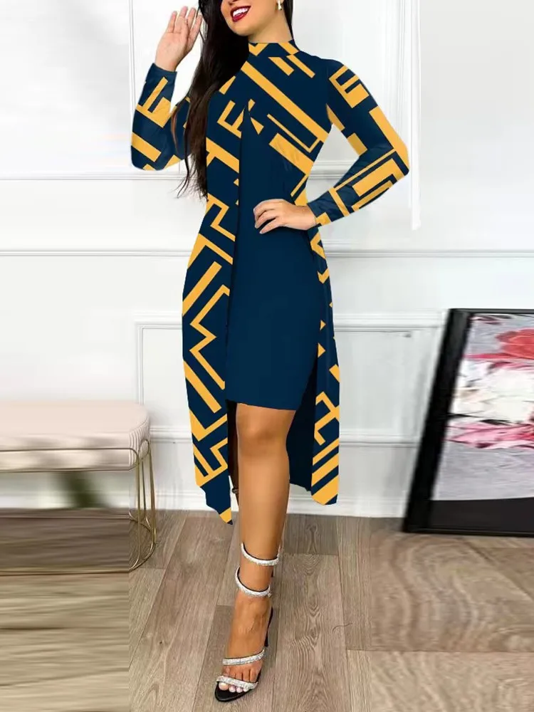 Autumn Winter Women Print 2 Piece Set Dress Fashion Elegant Long Sleeve Female Party Dresses Casual Holiday Robe Femme New