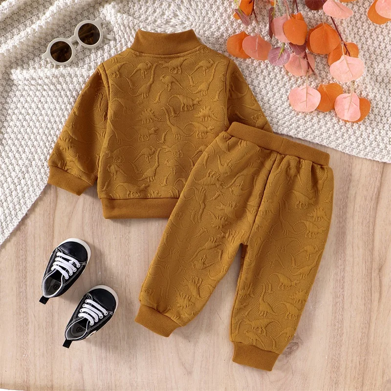 Boy Autumn 2PCS Outfit Sets Long Sleeve Dinosaur Print Zip Up Tops Elastic Band Pants Sets