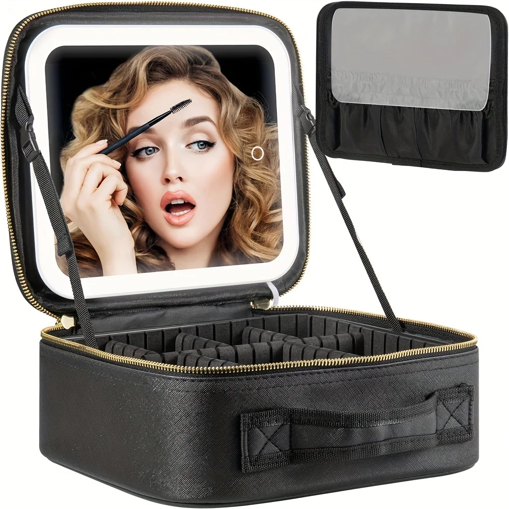 Makeup Travel Bag with LED Lighted Mirror Adjustable Brightness Portable Waterproof Makeup Case with Adjustable Dividers, Make u