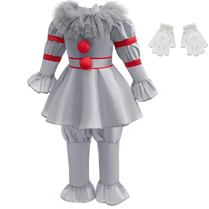 

Horror Movie Clown Cosplay Costume Kids Puff Sleeve Tops With Pants Gloves For Girls Boys Halloween Carnival Dress Up Outfits