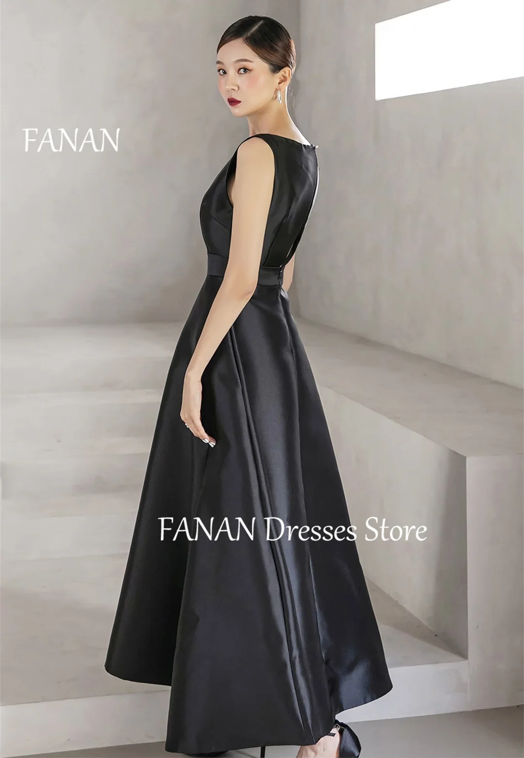 FANAN Boat Neck Ruched Black Fashion Evening Party Dresses Sleeveless Japan Customized Women Formal Gowns Event Prom Gowns