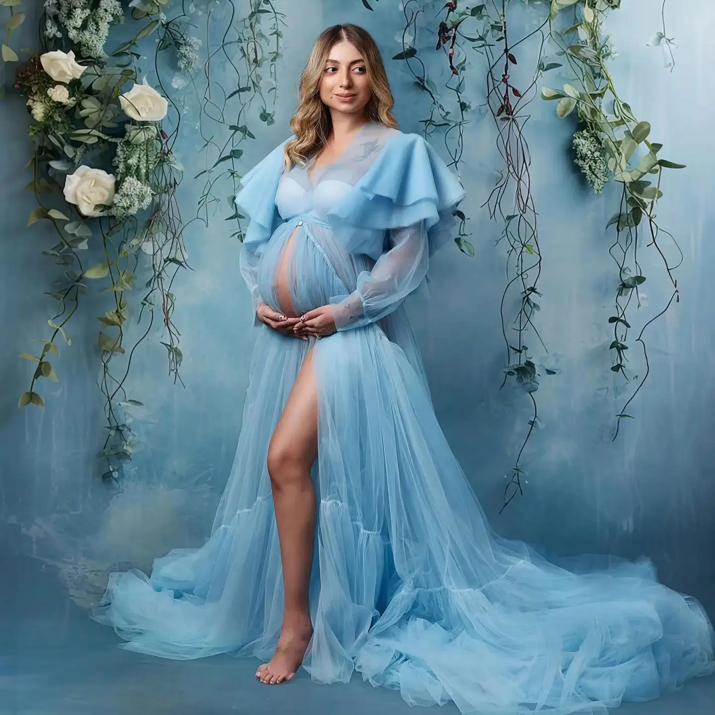 

Illusion Blue Maternity Dress for Photoshoot V Neckline Ruched Sheer Long Sleeves Pregnancy Gown Slit Tulle Babyshower Vestidos