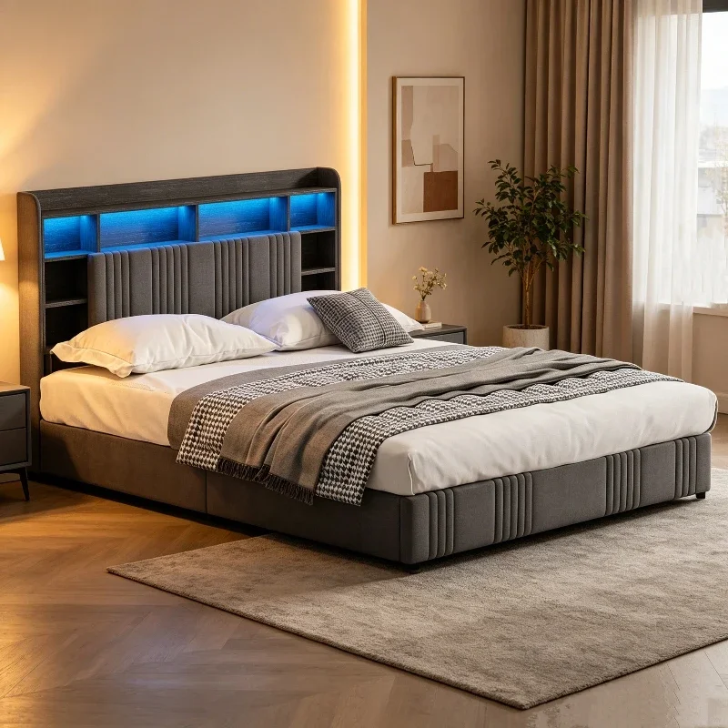 Fangange Polsterbettgestell mit großem Stauraum unter dem Bett, Beige/Grau, modernes Bett mit Stauraum, 140x200cm / 160x200cm, Einzelbett, Doppelbett, Jugendbett, Matratze nicht enthalten