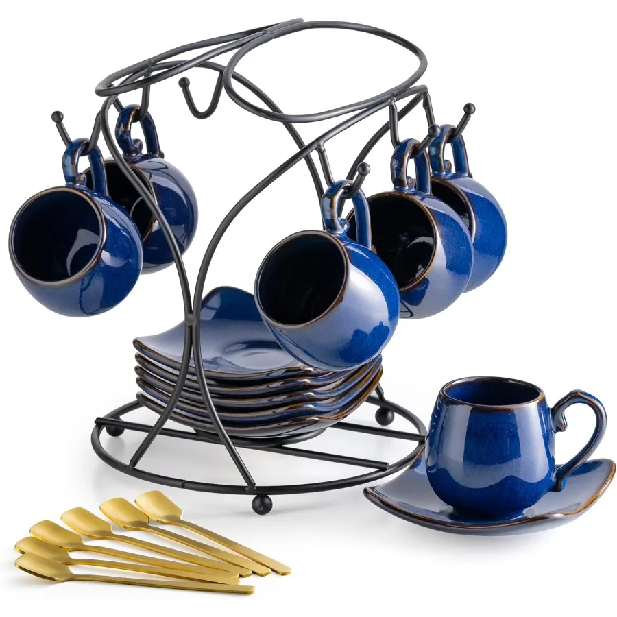 

Чашки для эспрессо на 3 унции с блюдцами. Маленькие кофейные чашки. Набор из 6 штук с ложками и металлической подставкой. Керамические милые чашки Demitasse для домашнего тепла.