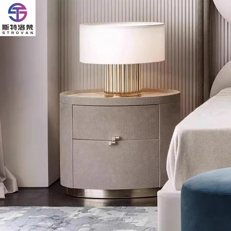 Italian Luxury Minimalist Modern Nightstand Rock Slab Wood Top Elliptical Smart Apartment Hotel Bedroom Two Drawer
