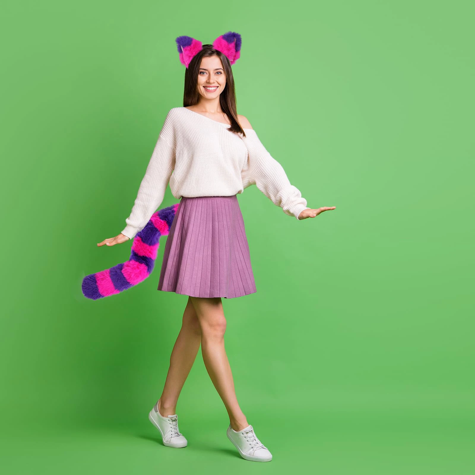 Pink and Purple Striped Cat Costume for Girls Women World Book Day Cosplay Accessories Include Cat Ears Furry Tail and PU Choker