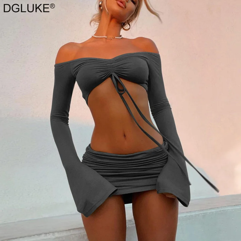 

DGLUKE Sexy Two Piece Set For Women Long Sleeve Crop Top Mini Skirt Suit Co Ords Set Sexy Bodycon Festival Club Outfits