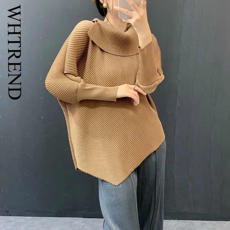 

WHTREND Fashion Pleated T Shirt Turn-Down Collar Long Sleeves Irregular Loose Top Khaki Black Red Color Autumn New WH1202