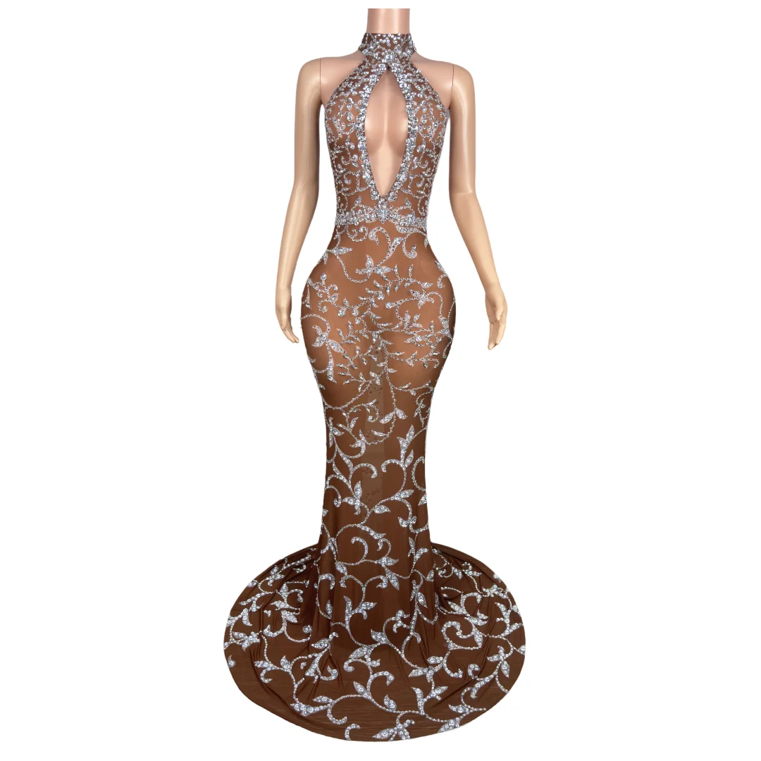 2024 Sexy Crystals Summer Brown Mesh Big Train Dress Graduation Celebrate Sleeves Singer Fashion Rhinestones Outfit guanmu