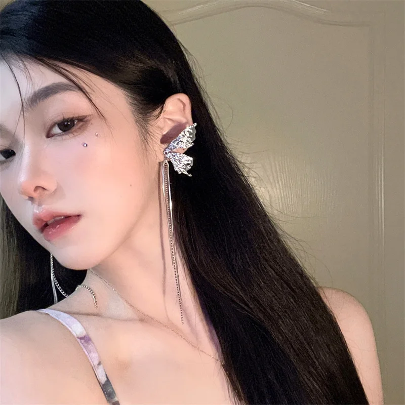 Silver Color Metal Butterfly Tassel Earrings Personality Women Fairy Animal Angel Wings Long Earring Valentine's Day Gift