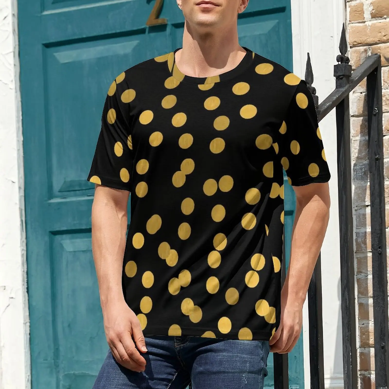 Gold Dot T Shirt For Men Retro Polka Dots Graphic O Neck T Shirts Summer Retro Tops Short Sleeve Basic Oversized Tees Present